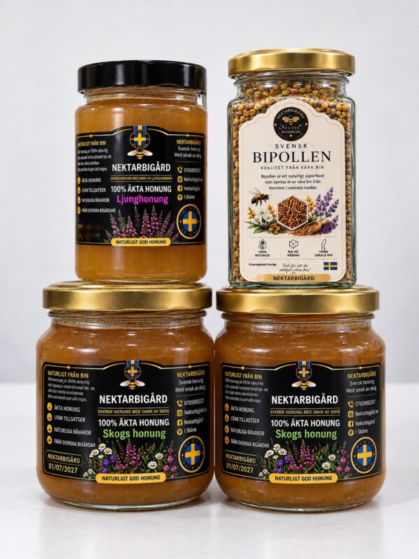 Swedish Honey & Bee Pollen Set – 4 Jars, 2 kg Total