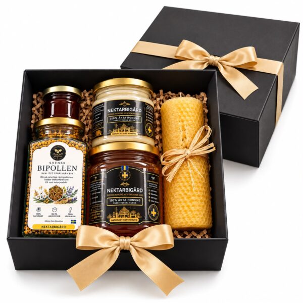 Lyxig Presentbox med Svensk Honung, Bipollen & Bivaxljus