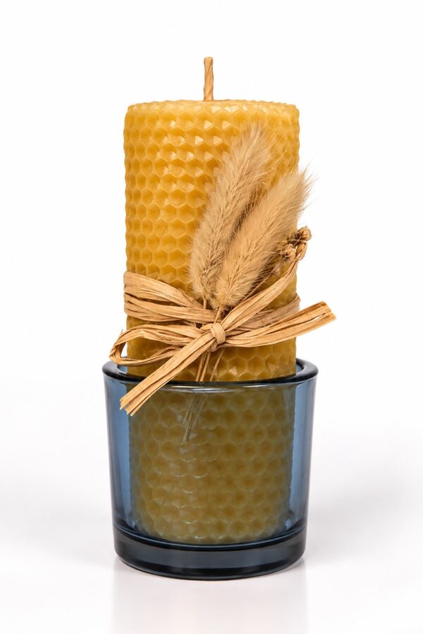 Handcrafted Beeswax Candle with Dried Floral Decorations & Glass Holder